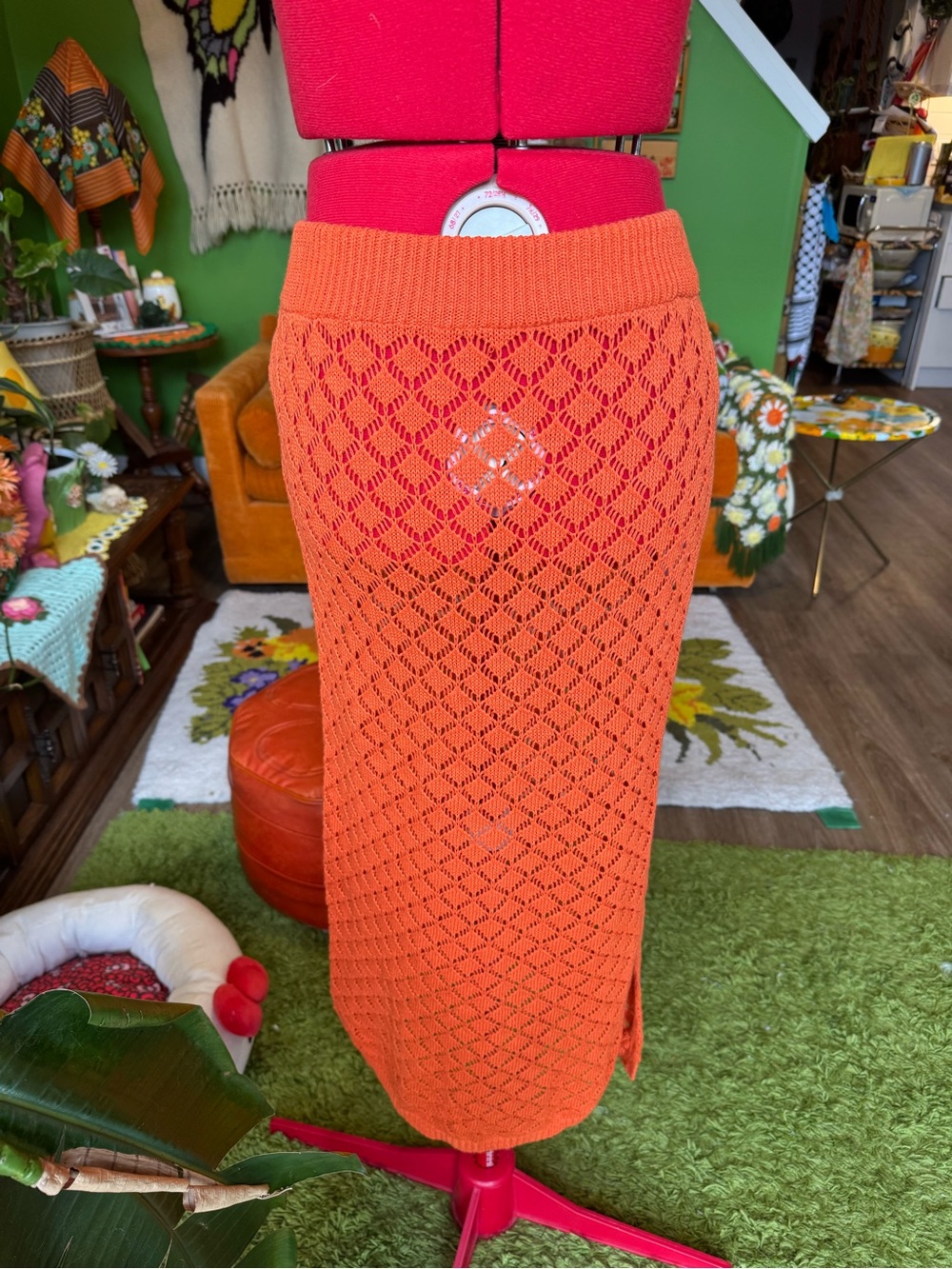Orange Knit Midi Skirt